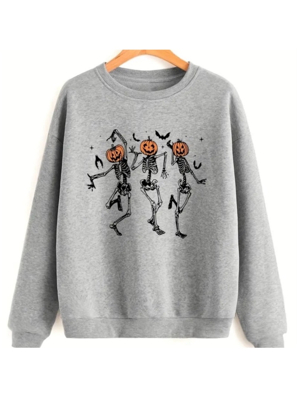 Pumpkin Head Dancing Skeleton Halloween Sweatshirt Gray Crewneck - Picture 3 of 15
